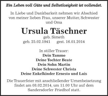 Traueranzeige von Ursula Täschner von WVG - Wochenspiegel Bitterfeld