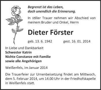 Traueranzeige von Dieter Förster von Super Sonntag Merseburg