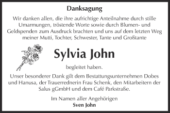 Traueranzeige von Sylvia John von Super Sonntag Bernburg