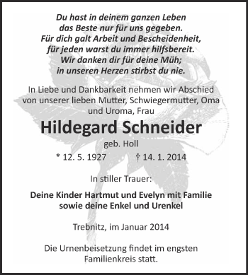 Traueranzeige von Hildegard Schneider von WVG - Wochenspiegel NMB / WSF / ZTZ