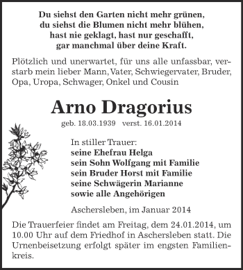 Traueranzeige von Arno Dragorius von WVG - Wochenspiegel Aschersleben