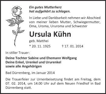 Traueranzeige von Ursula Kühn von Super Sonntag Merseburg
