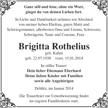 Traueranzeige von Brigitta Rothelius von WVG - Wochenspiegel NMB / WSF / ZTZ
