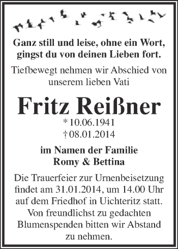 Traueranzeige von Fritz Reißner von WVG - Wochenspiegel NMB / WSF / ZTZ