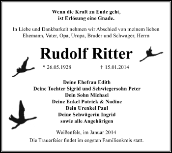 Traueranzeige von Rudolf Ritter von WVG - Wochenspiegel NMB / WSF / ZTZ