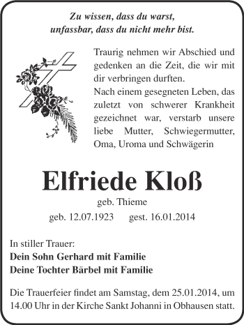Traueranzeige von Elfriede Kloß von WVG - Wochenspiegel NMB / WSF / ZTZ
