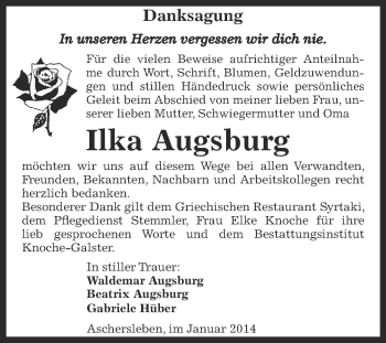 Traueranzeige von Ilka Augsburg von WVG - Wochenspiegel Aschersleben