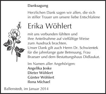Traueranzeige von Erika Wöhlert von WVG - Wochenspiegel Quedlinburg