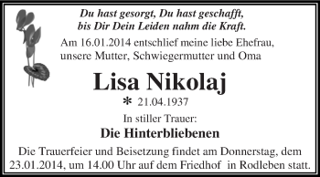Traueranzeige von Lisa Nikolaj von WVG - Wochenspiegel Dessau / Köthen