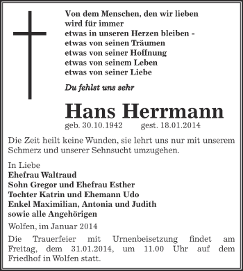 Traueranzeige von Hans Herrmann von WVG - Wochenspiegel Bitterfeld