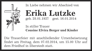 Traueranzeige von Erika Lutzke von Super Sonntag Bernburg