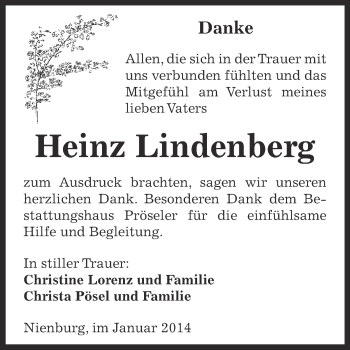 Traueranzeige von Heinz Lindenberg von Super Sonntag Bernburg