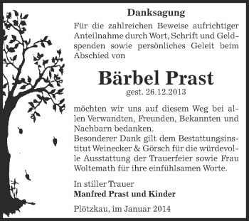 Traueranzeige von Bärbel Prast von Super Sonntag Bernburg