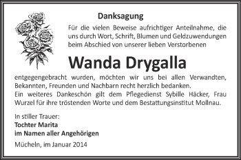 Traueranzeige von Wanda Drygalla von WVG - Wochenspiegel Merseburg