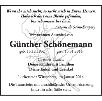 Traueranzeige von Günther Schönemann von Super Sonntag Wittenberg