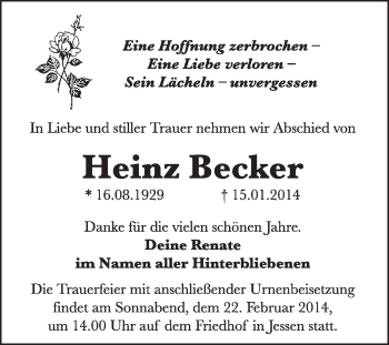 Traueranzeige von Heinz Becker von WVG - Wochenspiegel Wittenberg