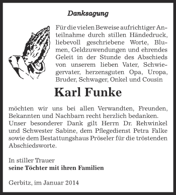 Traueranzeige von Karl Funke von Super Sonntag Bernburg