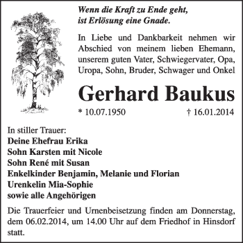 Traueranzeige von Gerhard Baukus von Super Sonntag Dessau / Köthen