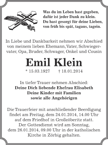 Traueranzeige von Emil Klein von WVG - Wochenspiegel Bitterfeld
