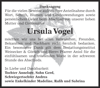 Traueranzeige von Ursula Vogel von Super Sonntag Bernburg
