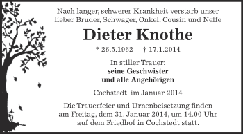 Traueranzeige von Dieter Knothe von WVG - Wochenspiegel Aschersleben