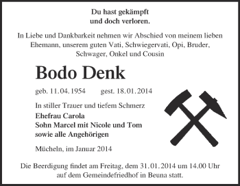 Traueranzeige von Bodo Denk von WVG - Wochenspiegel Merseburg