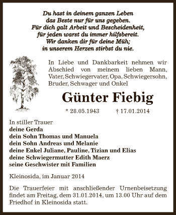 Traueranzeige von Günter Fiebig von Super Sonntag Zeitz