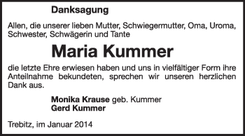 Traueranzeige von Maria Kummer von Super Sonntag Wittenberg