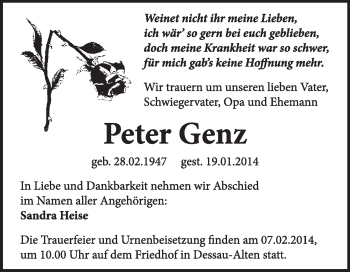 Traueranzeige von Peter Genz von Super Sonntag Dessau / Köthen