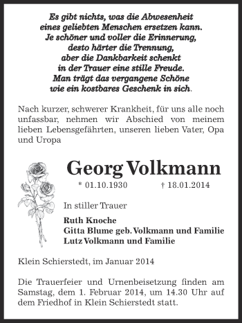 Traueranzeige von Georg Volkmann von WVG - Wochenspiegel Aschersleben