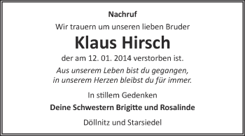 Traueranzeige von Klaus Hirsch von WVG - Wochenspiegel NMB / WSF / ZTZ