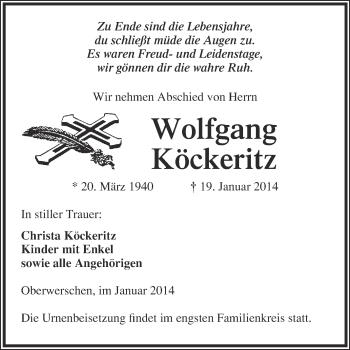 Traueranzeige von Wolfgang Köckeritz von WVG - Wochenspiegel NMB / WSF / ZTZ