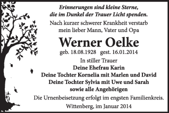 Traueranzeige von Werner Oelke von Super Sonntag Wittenberg