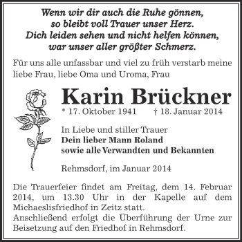 Traueranzeige von Karin Brückner von Super Sonntag Zeitz