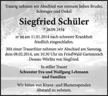Traueranzeige von Siegfried Schüler von Super Sonntag Dessau / Köthen