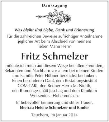 Traueranzeige von Fritz Schmelzer von WVG - Wochenspiegel NMB / WSF / ZTZ