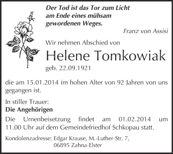 Traueranzeige von Helene Tomkowiak von WVG - Wochenspiegel Merseburg