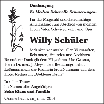 Traueranzeige von Willy Schüler von WVG - Wochenspiegel Wittenberg