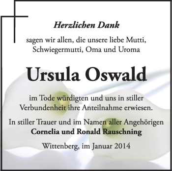 Traueranzeige von Ursula Oswald von WVG - Wochenspiegel Wittenberg