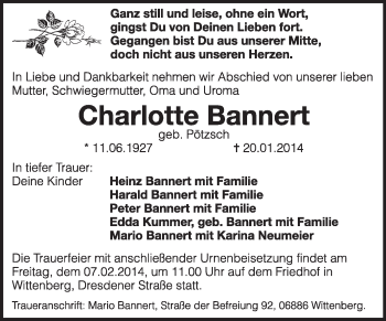 Traueranzeige von Charlotte Bannert von Super Sonntag Wittenberg