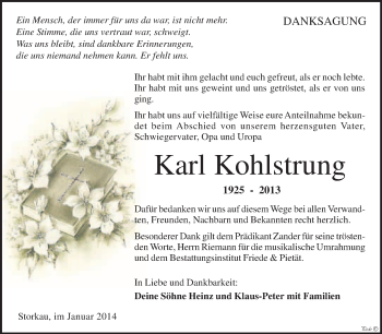 Traueranzeige von Karl Kohlstrung von WVG - Wochenspiegel NMB / WSF / ZTZ