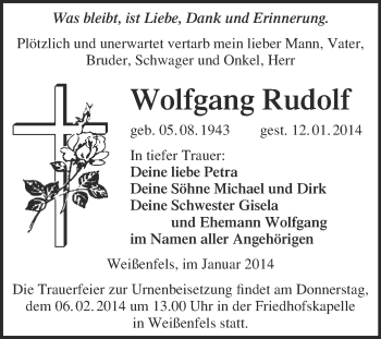 Traueranzeige von Wolfgang Rudolf von WVG - Wochenspiegel NMB / WSF / ZTZ