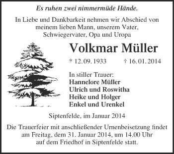 Traueranzeige von Volkmar Müller von WVG - Wochenspiegel Quedlinburg