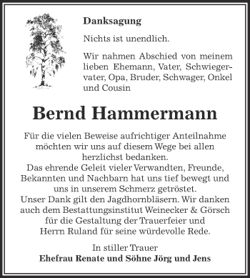 Traueranzeige von Bernd Hammermann von Super Sonntag Bernburg