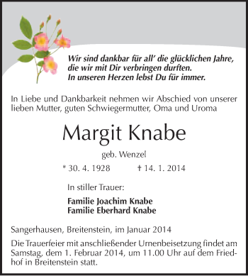 Traueranzeige von Margit Knabe von WVG - Wochenspiegel Quedlinburg