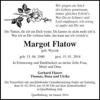Traueranzeige von Margot Flatow von WVG - Wochenspiegel Quedlinburg