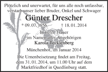 Traueranzeige von Günter Drescher von WVG - Wochenspiegel Quedlinburg