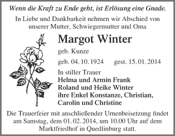 Traueranzeige von Margot Winter von WVG - Wochenspiegel Quedlinburg