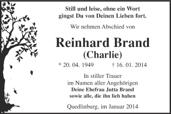 Traueranzeige von Reinhard Brand von WVG - Wochenspiegel Quedlinburg
