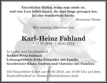 Traueranzeige von Karl-Heinz Fahland von WVG - Wochenspiegel Dessau / Köthen